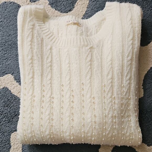 Cable Knit Crew Neck Sweater With Pearls - Picture 1 of 8